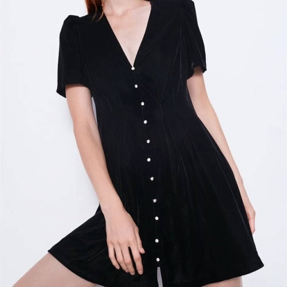 Zara Velvet Crystal Diamond Gem Button Dress Black Size XS